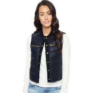 NWT JUICY COUTURE Shiny Tweed Zip Puffer Black Down fill Sleeveless Gillett Vest